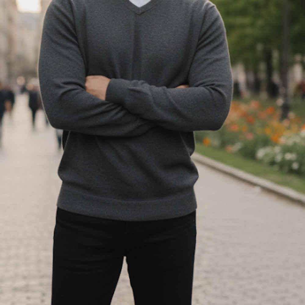 Van Heusen V-neck Gray, Long-sleeve Sweater | Heavy | (L)